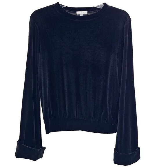 Leith Tops - Leith Womens Black Velvet Crew Neck Cuffed Bell Sleeve Blouse Top Size Small